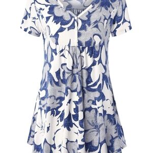 BAISHENG GT Blue Tunic White Hibibcus Women's V Neck Buttons Pleated Flared  M